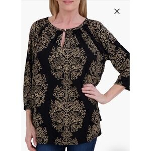 Lucky Brand Womens‎ Black Floral 3/4 Raglan Sleeve Tunic Top Blouse Size 1XL